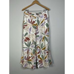 Women's Nicole Miller Linen Wide Leg Floral Crop Pants Size L Boho Langenlook